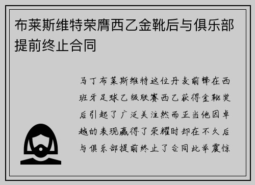 布莱斯维特荣膺西乙金靴后与俱乐部提前终止合同 布莱斯维特荣膺西乙金靴后与俱乐部提前终止合同
